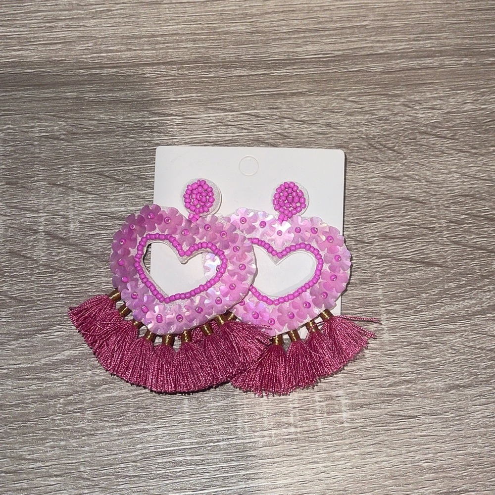 Pink Handmade Beaded Heart Earrings